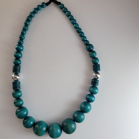 Vintage 1970s Teal Wooden Bead Necklace 27 Inch Chunky Boho Statement Jewelry - Picture 1 of 9